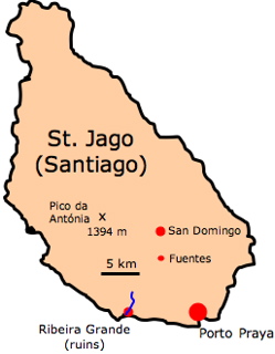 Map of Santiago, Cape Verde Islands, showing sites visited by Darwin